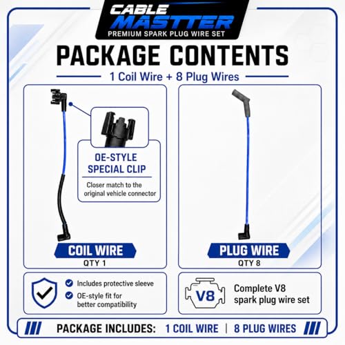 Cable Master 8.2mm Spark Plug Wire Set Compatible with Ford 5.8L V8 351W Windsor Bronco F-150 F-250 F-350 E-150 E-250 E-350 Econoline, Button Terminal HEI Coil, Blue