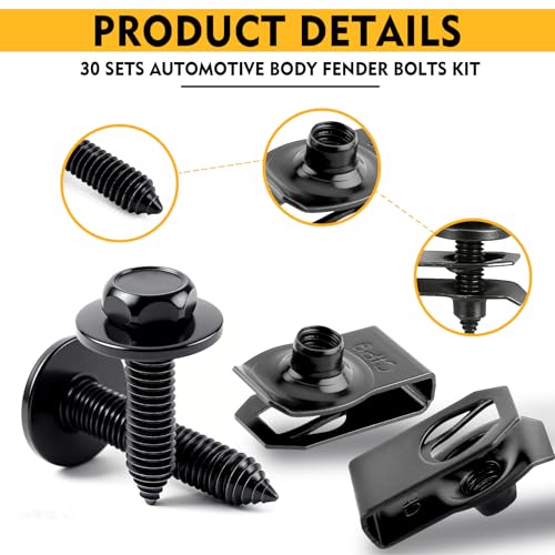 Upgraded 60 PCS 1/4" U-Nut Clips & Hex Head Body Bolts Kit