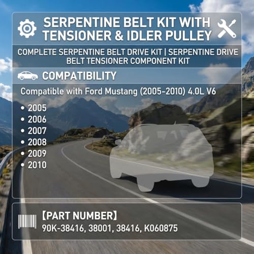 Serpentine Belt Kit With Tensioner And Idler Pulley For Ford Mustang 05-10 - size: Ford Mustang 4.0l V6 (05-10)