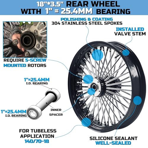 FatFlex 18" Rear Wheel Chrome Fat Spokes Black 3.5" Rim - color: 18" x 3.5", Black+Chrome+Black