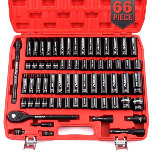 66-Piece 1/2" Drive Impact Socket Set, SAE 3/8" to 1-1/4" and Metric 10-24mm, Deep & Standard 6-Point Cr-V Sockets with Ratchet, Extension Bars, Adapters, Universal Joint, Drill Adapter, Storage Case