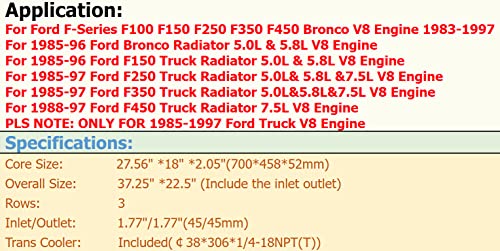 3 Row Cooling Aluminum Radiator for 1985-1997 Fo rd Bro nco F150 - size: 22