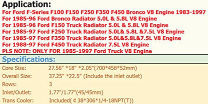 3 Row Cooling Aluminum Radiator for 1985-1997 Fo rd Bro nco F150 - size: 22