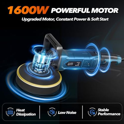 Buffer Polisher, 6 Inch/7 Inch 1600W Rotary Car Buffer Polisher Waxer, 7 Variable Speed 1000-3500 RPM, Detachable Handle for Waxing, Polishing & Scratch Removal - color: Blue