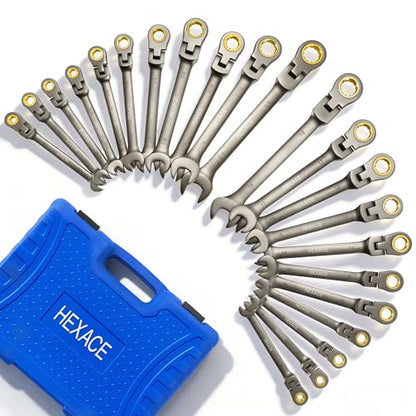 22 PCS Flex Head Ratcheting Wrench Set, 180° Flex Head, Metric & SAE