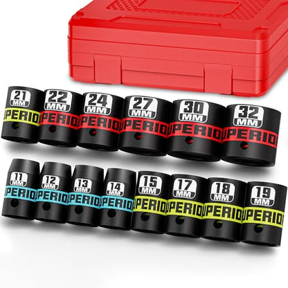14 Piece 1/2" Drive Impact Socket Set, 11 mm-32 mm Shallow Socket, Metric, 6 Point, CR-V, Automotive Maintenance, Machinery Manufacturing - size: 1/2" Shallow Metric