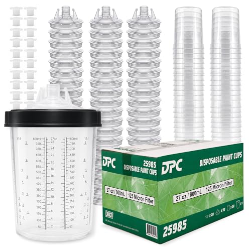 LAUCO Disposable Spray Gun Paint Cups Kit – 50 Pack Liners & Lids with 125 Micron Strainer, Hard Cup, Retainer Ring & Plugs (800ml / 27oz) 25985 - size: 800ml / 27oz