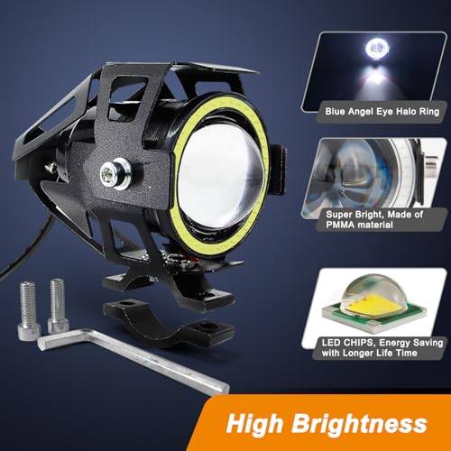 Motorcycle LED Fog Lights U7 Spotlight Daytime Running Lights with White Angel Eyes Halo Ring and Switch 2-Sets - color: white