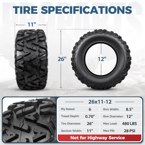 PROPARTS 2PCS 26x11-12 ATV UTV Tires 6PR 26x11x12 All-Terrain for Trail Mud Sand Sport Tires, Load Capacity 480lbs, Tubeless - size: 26x11-12