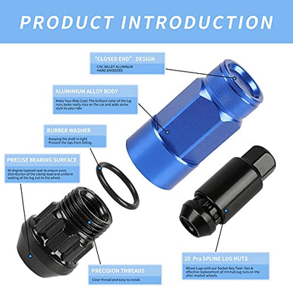 20PCS Closed End Lug Nuts M12X1.5 Wheel Rims Lug Nuts +Socket (Bule) - color: Blue