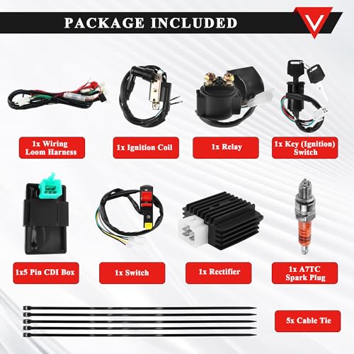 PRO BAT 50-125cc Dirt Bike Full Wiring Harness 5 -Pin AC CDI Solenoid Relay - color: Orange A7TJC Spark Plug & Full-wave Rectifier