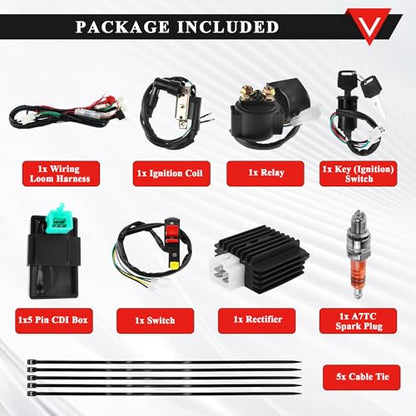 PRO BAT 50-125cc Dirt Bike Full Wiring Harness 5 -Pin AC CDI Solenoid Relay - color: Orange A7TJC Spark Plug & Full-wave Rectifier