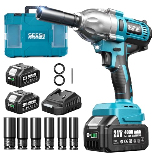 Seesii Impact Wrench 665 FT-LBS(900N.m) 3300IPM 1/2 Impact Gun High Torque Electric Impact Driver Cordless Impact Wrench with 21V 2x4.0Ah Battery 6 Sockets&Case for Home Car Tire Lug Nut Removal Tool - color: 665 Ft-lbs / 2x4.0ah Battery