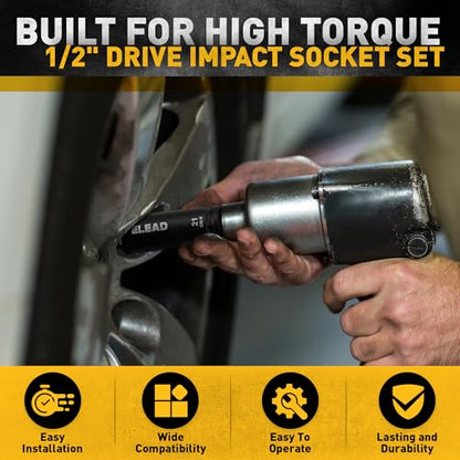 ELEAD 1/2" Drive Deep Impact Socket Set: 30-Piece Standard SAE (3/8 to 1 Inch) and Metric (10-24mm) Size, 3" and 5" Drive Extension Bar, Ratchet Handle, Bit Adapter, CR-V Steel for Auto Repair - color: 30pcs 1/2'' Drive Impact Socket Set Black