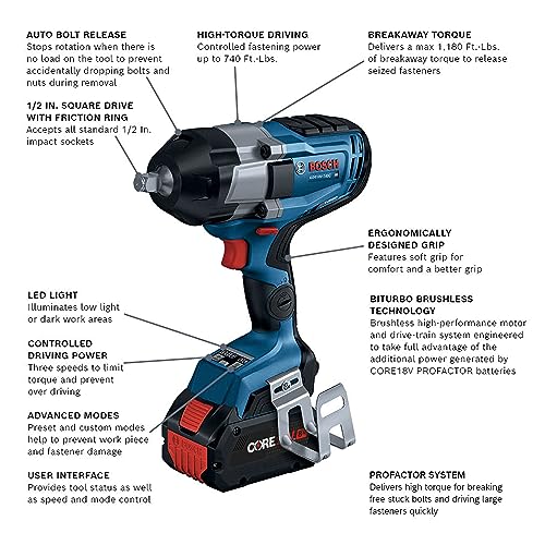 BOSCH GDS18V-740CB14 PROFACTOR™ 18V Connected 1/2 In. Impact Wrench Kit with Friction Ring and (1) CORE18V 8 Ah High Power Battery - style: w/ 18V 8 Ah Battery & Bluetooth Connectivity