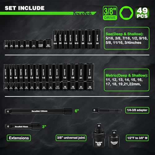 TecoTek 3/8" Drive Impact Socket Set, 49-Piece SAE (5/16"-3/4") and Metric (8mm-22mm), 6 Point, Cr-V, Extension Bars, 1/2" F to 3/8" M Reducer, Universal Joint and Power Drill Adapter - style: 3/8" Drive 49pcs Impact Socket Set