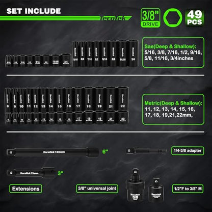 TecoTek 3/8" Drive Impact Socket Set, 49-Piece SAE (5/16"-3/4") and Metric (8mm-22mm), 6 Point, Cr-V, Extension Bars, 1/2" F to 3/8" M Reducer, Universal Joint and Power Drill Adapter - style: 3/8" Drive 49pcs Impact Socket Set