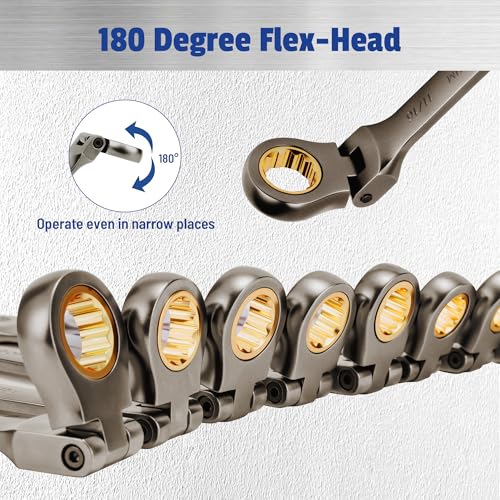 22 PCS Flex Head Ratcheting Wrench Set, 180° Flex Head, Metric & SAE