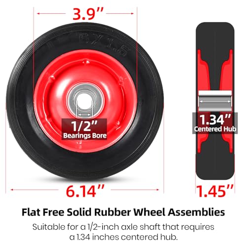 (2-Pack) AR-PRO 6” x 1.5” Flat Free Solid Rubber Wheel Assemblies - Replacement Hand Truck Wheels with Ball Bearings and 1/2” Bore Hole Diameter - Heavy-Duty Solid Rubber Wheels 132 lbs Load Capacity - size: 1/2"