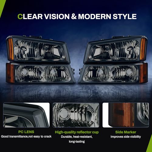 AUTOSAVER88 Headlights Assembly Compatible with 2003-2006 Chevy Silverado Avalanche 1500 1500HD 2500 2500HD 3500 Black Housing Amber Reflector - color: Black Housing Amber Reflector Smoke Lens