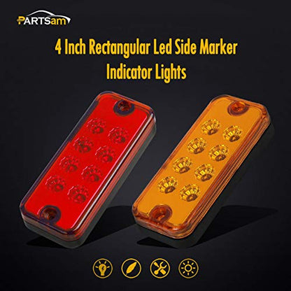 Partsam 20Pcs 4 Inch Led Rectangular Side Marker Clearance Lights, 8 LED Running Lights for Trailer Truck RV Camper Motorhome Car Truck, 12V (10 Amber + 10 Red)