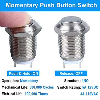 2-Pack 12mm Momentary Metal Waterproof Push Button Switch Raised Head Plug-in Terminals 1/2" Mounting Hole 12V 24V 36V 110V 250V 2A 1NO - style: Momentary