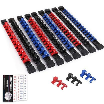 SWANLAKE 9-Piece Premium Socket Holder Organizer Set, 1/4-Inch x 48 Clips, 3/8-Inch x 45 Clips, 1/2-Inch x 36 Clips, Premium Quality Socket Clip Rail Holder - style: 9PCS Blue&Red&Black