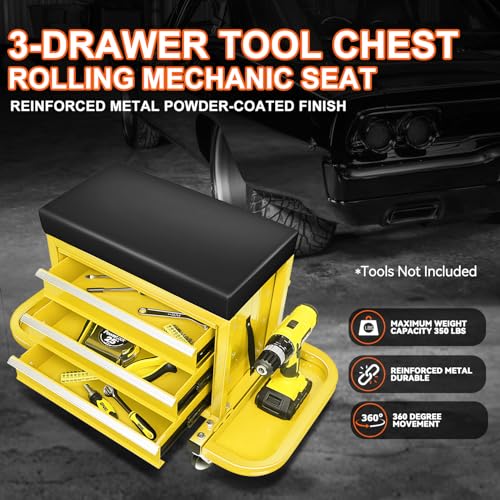 PM PERFORMOTOR 3-Drawer Tool Chest Rolling Mechanic Seat with Tool Trays,350lbs Max Weight Capacity, Yellow,PM-TOL-RST1-YL - color: Yellow