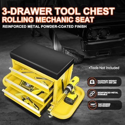 PM PERFORMOTOR 3-Drawer Tool Chest Rolling Mechanic Seat with Tool Trays,350lbs Max Weight Capacity, Yellow,PM-TOL-RST1-YL - color: Yellow