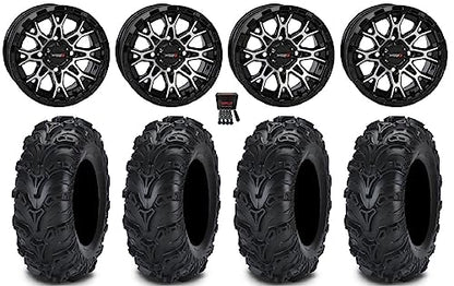 Bundle - 9 Items: System 3 ST-6 12" Wheels Black 25" Mud Lite II Tires [4x110 Bolt Pattern 10mmx1.25 Lug Kit]