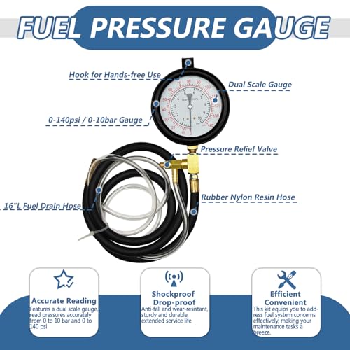 Pro Fuel Injection Pressure Tester Kit Fuel Pressure Gauge Fuel Pressure Test Kit 0-140 PSI with 9.49,7.89,6.30 Fuel Line Fittings