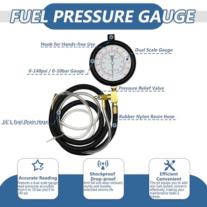 Pro Fuel Injection Pressure Tester Kit Fuel Pressure Gauge Fuel Pressure Test Kit 0-140 PSI with 9.49,7.89,6.30 Fuel Line Fittings