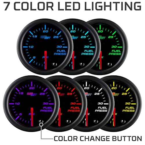 GlowShift Tinted 7 Color 30 PSI Fuel Pressure Gauge Kit, 2-1/16" 52mm