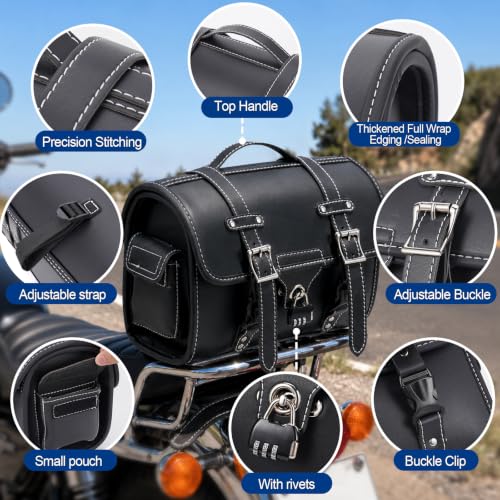 Fully Upgraded Motorcycle Bag,thickened PU leather,With Anti-Theft Buckle & Password Lock Tail Bag,Dual Independent Side Pockets,Multi-Purpose Motorcycle Tool Bag/Saddle Bags,Universal Black