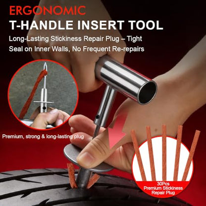 77Pcs Tire Plug Kit, Heavy Duty Tire Repair with Rubber Nails, Screw Plugs, T-Handle, Professional Fix a Flat Puncture Patch Tools Kit for Car, Motorcycle, Truck, UTV, ATV & Lawn Mower Tubeless - size: 77 Piece Set