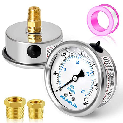 MEANLIN MEASURE 0~300Psi Stainless Steel 1/4" NPT 2.5" FACE DIAL Liquid Filled Pressure Gauge WOG Water Oil Air Center Back Mount, with 1/2" NPT and 3/8" NPT Hex Bushing - size: 0-300Psi