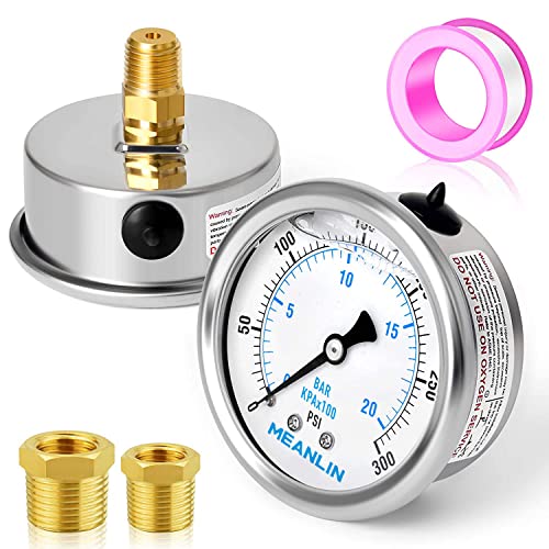 MEANLIN MEASURE 0~300Psi Stainless Steel 1/4" NPT 2.5" FACE DIAL Liquid Filled Pressure Gauge WOG Water Oil Air Center Back Mount, with 1/2" NPT and 3/8" NPT Hex Bushing - size: 0-300Psi