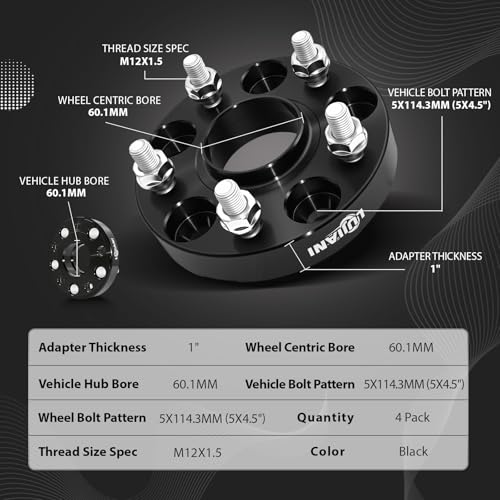 4 Pack 5x114.3mm Wheel Spacers for 1998-2024 RAV4 Sienna Camry, 1" Thick Forged Hubcentric Tire Spacer, M12x1.5 Thread Studs & 60.1mm Centric Bore, 5x4.5 Hub Centric Wheel Adapters