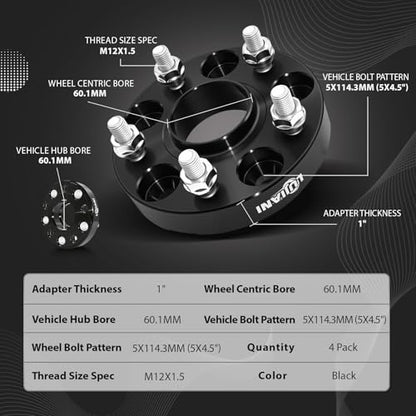 4 Pack 5x114.3mm Wheel Spacers for 1998-2024 RAV4 Sienna Camry, 1" Thick Forged Hubcentric Tire Spacer, M12x1.5 Thread Studs & 60.1mm Centric Bore, 5x4.5 Hub Centric Wheel Adapters