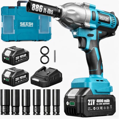 SEESII Impact Wrench 886 FT-LBS(1200N.m)1/2 Impact Gun with 2x4.0Ah Battery - color: 665 Ft-lbs / 1x4.0ah Battery