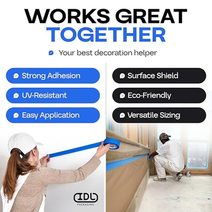 Masking Paper and Tape Set - 9" x 60 Yards Brown Masking Paper (1 Roll) and 1.41" x 60 Yards Blue Tape (1 Roll) - Masking Kit for Home Improvements - Painter’s Tape with Paper - color: 09"x180', Brown, size: 1 Roll + Tool