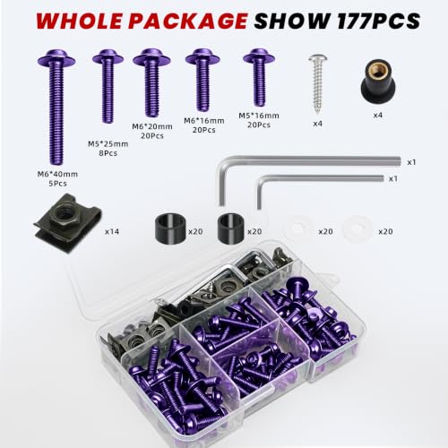 177Pcs Motorcycle Fairing Bolt Kit Purple, M5 M6 Stainless Steel 304 - color: Purple