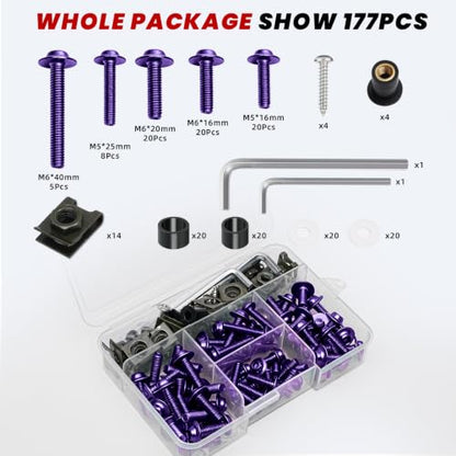 177Pcs Motorcycle Fairing Bolt Kit Purple, M5 M6 Stainless Steel 304 - color: Purple