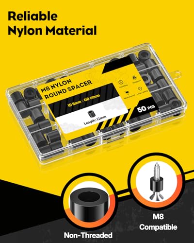 Vibit 50 Pcs M8 Nylon Spacers for Screws, ID 8 mm & OD 14 mm, 12 mm Length, Non-Threaded Plastic Spacers Round Spacers for M8 Screws, Electrical Outlet Spacers, Screw Spacers for Circuit Board, Black - size: M8,50PCS
