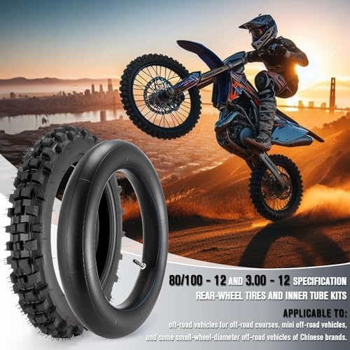 80/100-12 3.00-12 Back Rear Tire and Inner Tube, 80/100-12 Dirt Bike Tire, 12 Inch Rear Dirt Bike Tire compatible with Honda CRF70 XR70 Kawasaki KLX110 Yamaha TTR90 PW80 Pit Bike (90cc 110cc 125cc)
