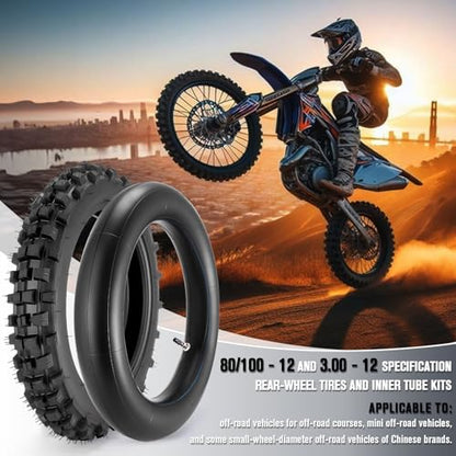 80/100-12 3.00-12 Back Rear Tire and Inner Tube, 80/100-12 Dirt Bike Tire, 12 Inch Rear Dirt Bike Tire compatible with Honda CRF70 XR70 Kawasaki KLX110 Yamaha TTR90 PW80 Pit Bike (90cc 110cc 125cc)