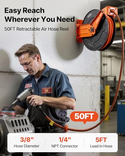 VEVOR Retractable Air Hose Reel, 3/8 Inch x 50 FT Rubber Air Hose Max 300PSI, Auto Rewind Air-Compressor Hoses Reel with 5 ft Lead in, Ceiling/Wall Mount Heavy Duty Steel Double Arm - size: 3/8 in x 50 ft