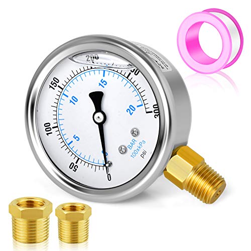 MEANLIN MEASURE 0~300Psi Stainless Steel 1/4" NPT 2.5" FACE DIAL Liquid Filled Pressure Gauge WOG Water Oil Air Lower Mount, with 1/2" NPT and 3/8" NPT Hex Bushing - size: 0-300Psi