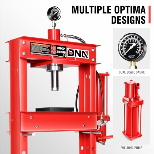 DNA Motoring 30 Ton Air Hydraulic Shop Press with Plates, H-Frame Garage Floor Press, 30T / 66139lbs, Adjustable Working Table Height, TOOLS-00292, Red - style: 30T Air Hydraulic Shop Press