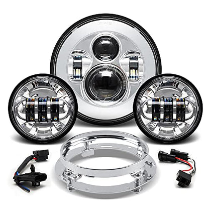 Classic Chrome 7 Inch LED Headlight & 4.5 Inch Fog Lights with Turn Signals, Headlamp Kit with Mounting Ring and 2 Adapter Harnesses Compatible with Harley Road King Electra Glide Ultra| DOT Certified - color: Chrome